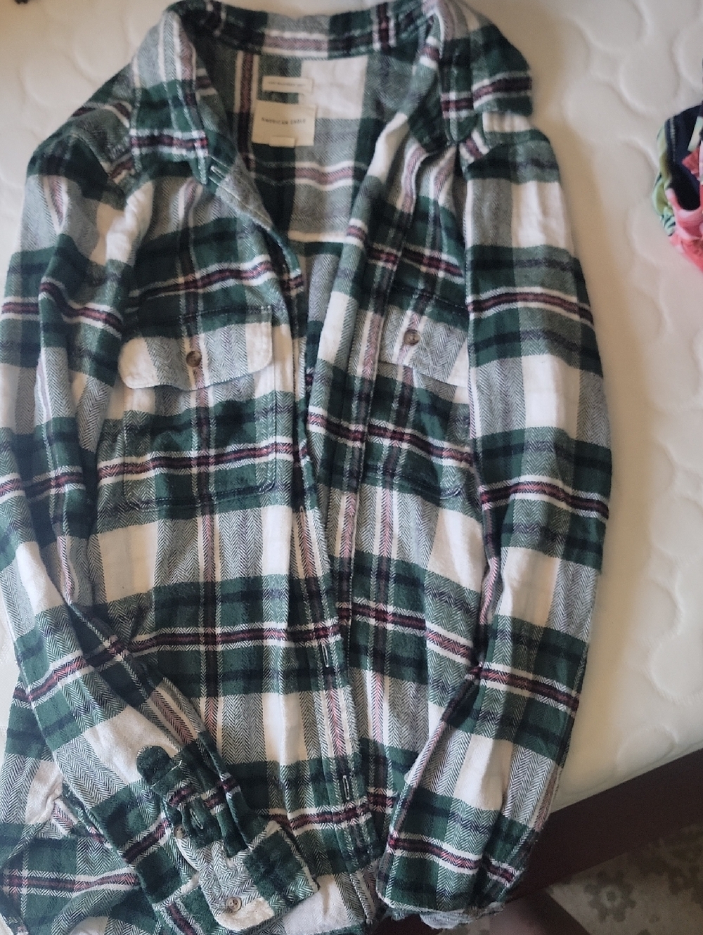 American Eagle Green and White Plaid Shirt with Burgundy Accents